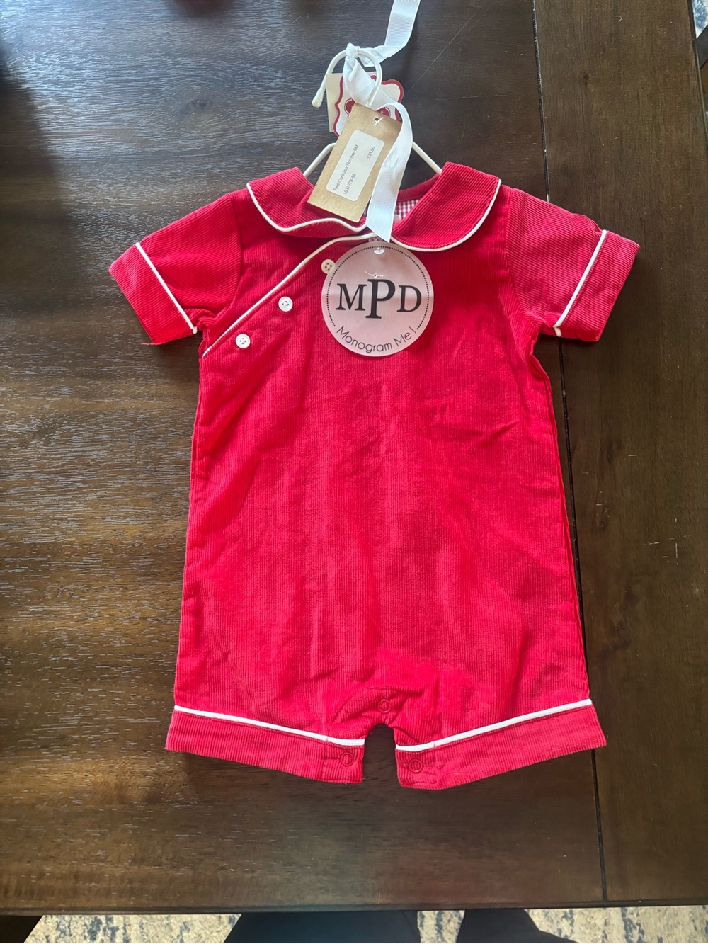 Monogram Me Red Baby Romper with White Piping Mud Pie 6-9 months